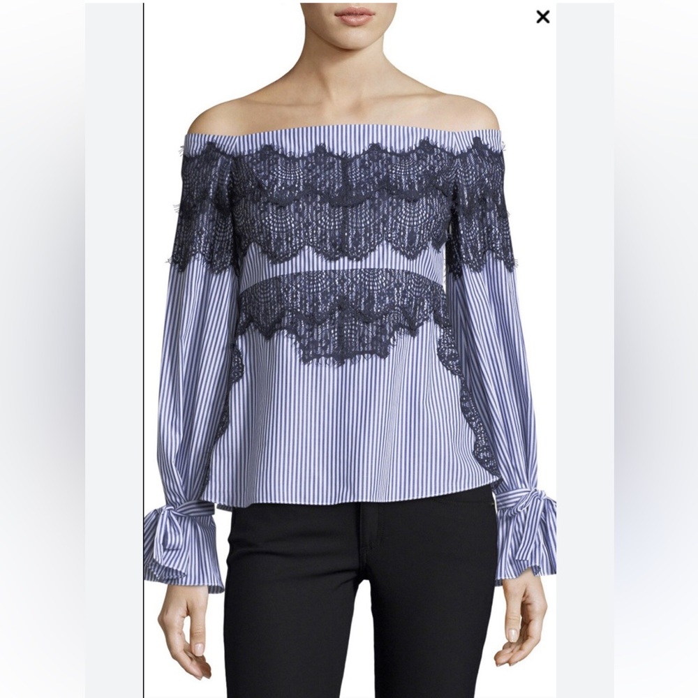 Tanya Taylor Pinstriped Off The Shoulder Lace Isadora Poplin Top‎